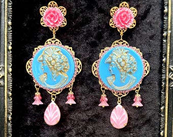 Marie Antoinette Pink & Blue glass cameo, hand painted roses, Miriam Haskell gold plated filigrees, pink rhinestone surrounds