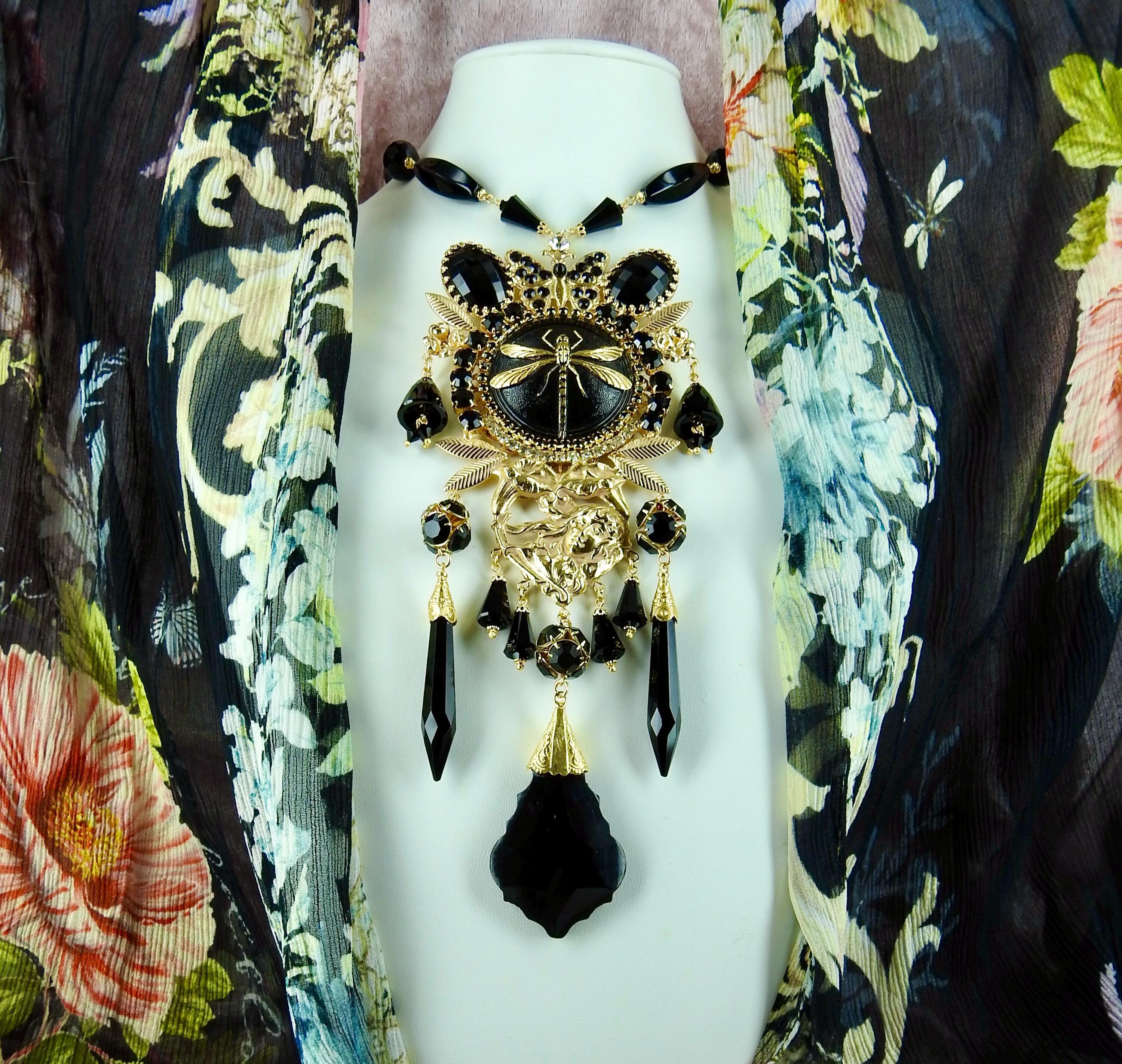 Black Dragonfly Gold Plated Onyx & Jet Antique Art Nouveau Black Dragonfly Gold Plated Onyx & Jet Antique Art Nouveau