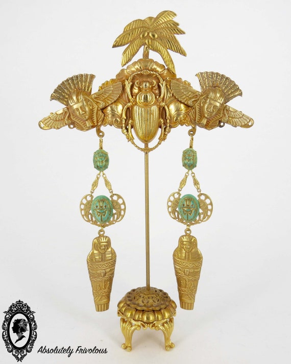 Mummy Earrings, Scarab Earrings, Pharaoh Earrings, Vintage Egyptian Revival Earrings, Vintage Green Earrings, Teal Earrings Dangle Gift Her