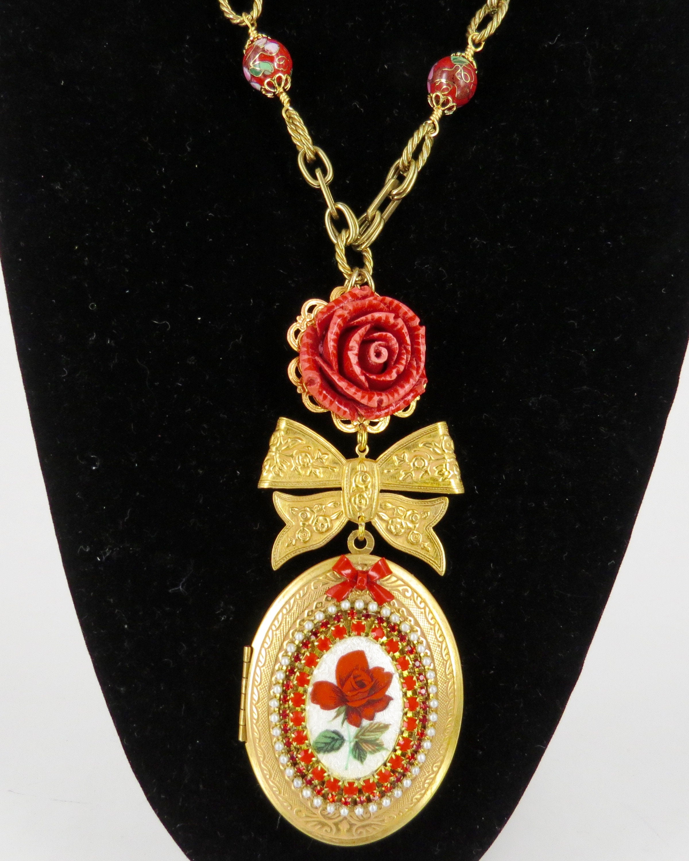 Vintage Cloisonné Necklace Vintage Locket Necklace Red Rose Etsy Denmark