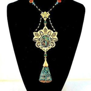 Egyptian Revival Neiger Bros necklace, black & gold with original glass features, gold plated brass, black crystal chain, extendable