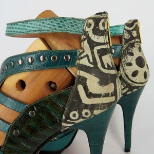 Green High heels, Leather High Heel, Tribal Shoes, Handmade Shoes, Peep Toe Heels, Pumps Size 8, Italian Leather Shoes, Designer Heels Women image 9