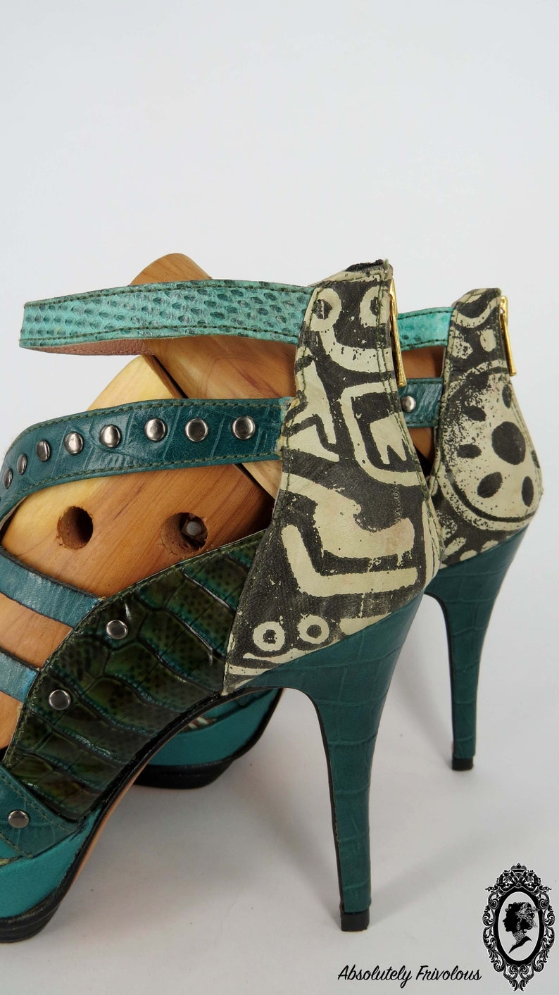 Green High heels, Leather High Heel, Tribal Shoes, Handmade Shoes, Peep Toe Heels, Pumps Size 8, Italian Leather Shoes, Designer Heels Women image 9