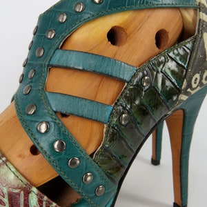 Green High heels, Leather High Heel, Tribal Shoes, Handmade Shoes, Peep Toe Heels, Pumps Size 8, Italian Leather Shoes, Designer Heels Women image 10