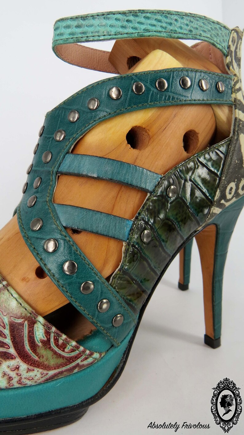 Green High heels, Leather High Heel, Tribal Shoes, Handmade Shoes, Peep Toe Heels, Pumps Size 8, Italian Leather Shoes, Designer Heels Women image 10