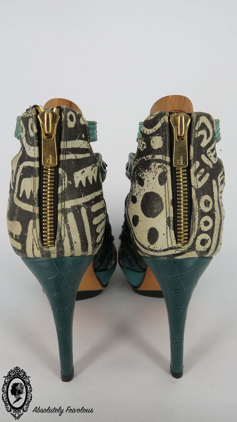 Green High heels, Leather High Heel, Tribal Shoes, Handmade Shoes, Peep Toe Heels, Pumps Size 8, Italian Leather Shoes, Designer Heels Women image 7