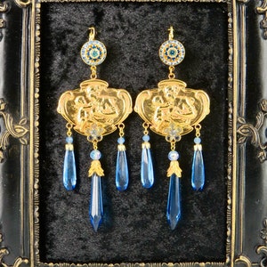 Blue Mother & Child Drop Earrings, Gold Plated with Vintage Swarovski Florette and Czech Glass Drops