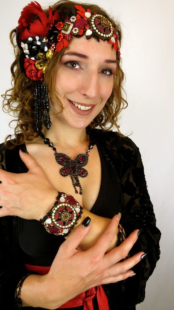 Art Deco Head Piece, 1920s Beaded Gatsby Headband Black, Red  display picture 1