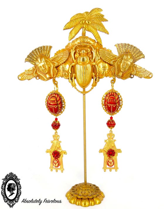 Egyptian Earrings for Women, Pharaoh Earrings, Scarab Earrings, Scarab Beetle, Red Vintage Earrings, Vintage Egyptian Revival Earrings Gift
