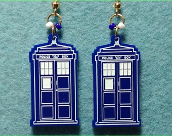 Laser cut Fun Funky Earrings | Police Box | Dangle Earrings | Color filled Acrylic