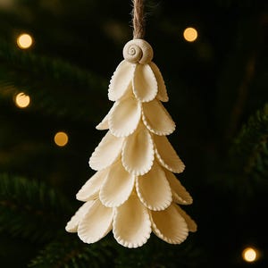 May include: Cream-colored Christmas tree ornament with a spiral top and a series of layered, petal-shaped elements. The ornament is suspended by a natural twine cord. The text "TONKIN HANDICRAFT" is visible.