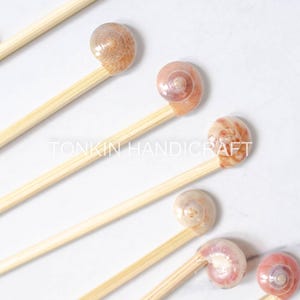 Puede incluir: Brochetas decorativas con pequeñas conchas marinas fijadas a palitos de bambú. Las conchas muestran tonos beige, rosa y blanco. El texto "TONKIN HANDICRAFT" es visible.