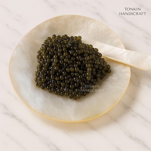 May include: A serving of dark caviar on a white, pearlescent plate with a matching spoon. The caviar is a deep, dark green color and is piled in a mound on the plate. The plate and spoon have a subtle, iridescent sheen. The text "TONKIN HANDICRAFT" is visible.