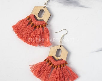 Boucles d'oreilles en bois macramé Pik, pendentifs mode bohème pour femme, accessoires bohèmes personnalisés, bijoux tendance légers