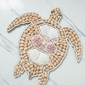 May include: A decorative turtle made from seashells. The body is made of small, beige shells, with larger white and pink shells in the centre. A rope border outlines the shape, creating a nautical theme.