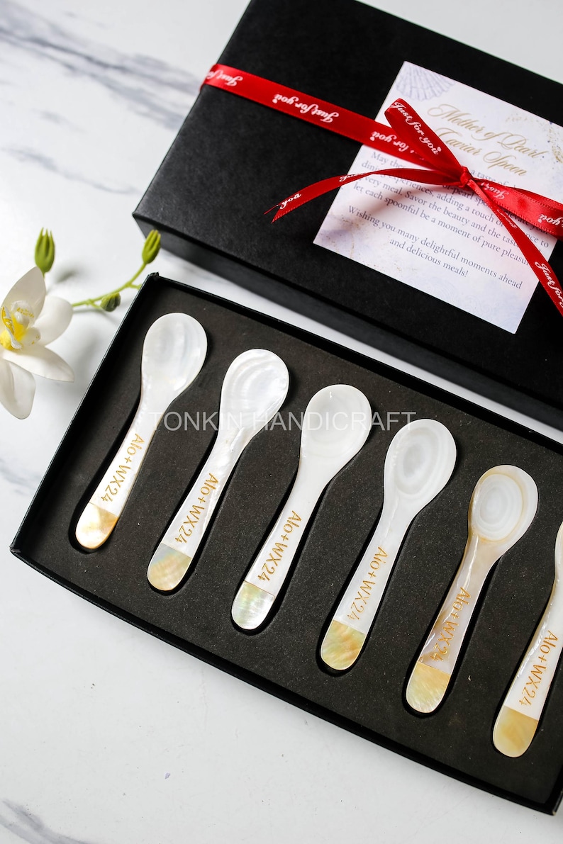 Spoon Gift Box Personalized Mother of Pearl Caviar Spoon Gift Box, Set of 6 Seashell ...