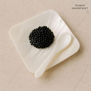 May include: A white square plate with a serving of black caviar and a white spoon. The plate has a subtle, wavy texture. The image includes the text "TONKIN HANDICRAFT".
