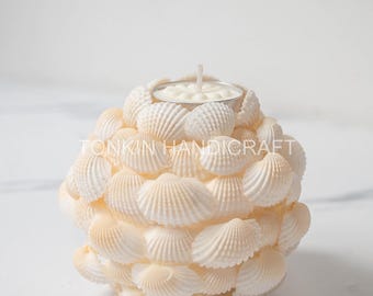 Seashell Candle Holder, Coastal Holder, Seashell Centerpiece, Beach Wedding Nautical Decor, Tealight Holder, Ocean Table Centerpiece Gift