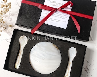 Regalo personalizado para parejas de nácar, caja de regalo con cuchara y plato de caviar, cuchara de concha marina de regalo, regalo para él, regalo para chef, regalo ecológico