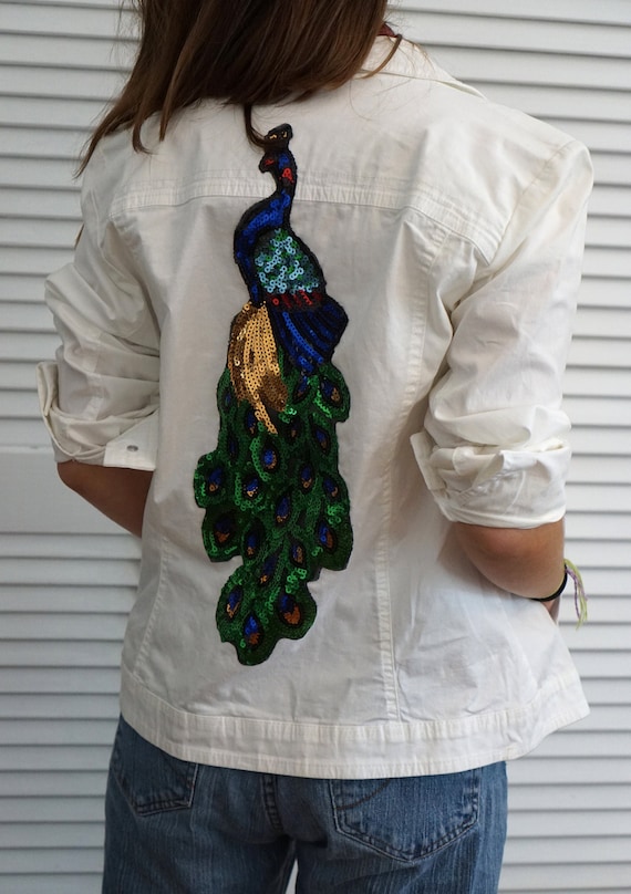 Women's White Stretch Jacket with Sequin Peacock