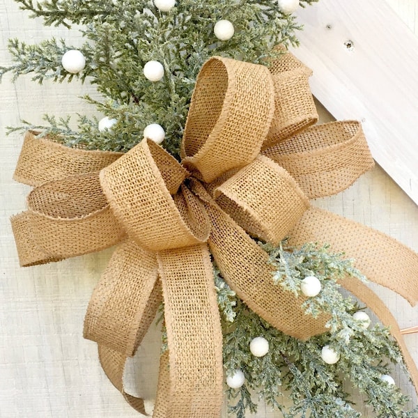 Burlap Christmas Bow, Farmhouse Bow for Wreath, Burlap Wreath Bow, Rustic Christmas Bow, Christmas Lantern Topper, Christmas Garland Bow