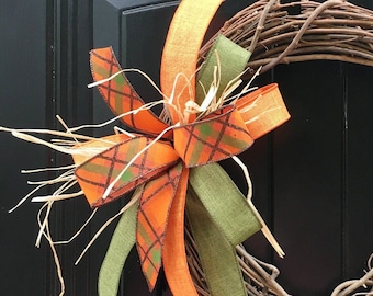 Small Fall Bow, Orange & Green Plaid Bow, Fall Lantern Bow, Fall Wreath Bow, Fall Mailbox Bow, Door Hanger Bow, Wired Ribbon Bow, Autumn Bow