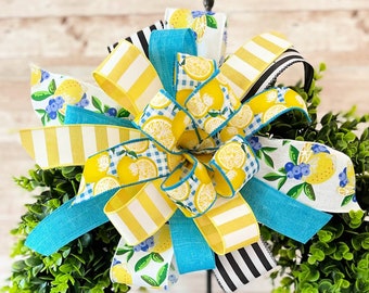 Lemon Bow for Wreath, Yellow and Blue Lemon Wreath Bow, Summer Wreath Bow with Lemons, Lemon Door Hanger Bow, Lemon Lantern Bow, Lemon Decor