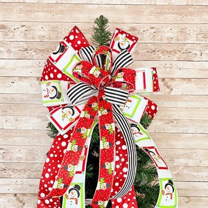 Snowman Christmas Tree Topper Bow, Snowman Tree Topper, Red and White Tree Bow, Large Snowman Bow, Christmas Garland Bow, Xmas Tree Topper
