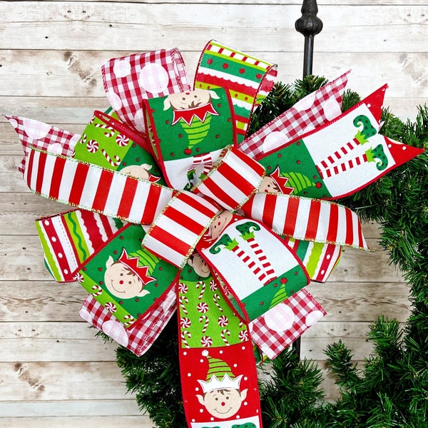 Christmas Elf Bow, Elf Wreath Bow, Christmas Lantern Bow, Small Elf Tree Topper Bow, Christmas Mantel Bow, Holiday Wreath Bow