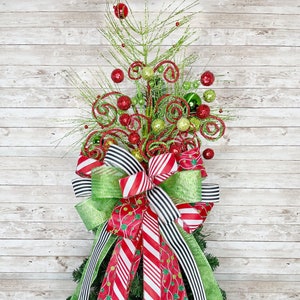 Adorno para la punta del árbol, adorno para la punta del árbol rojo y verde, adorno para la punta del árbol de Navidad con lazos, adorno para la punta del árbol con cinta navideña, adorno para la punta del árbol con lazo.