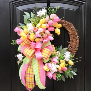 Pink Tulip Wreath, Spring Wreath for Front Door, Tulip Grapevine Wreath, Tulip Wreath with Bow, Farmhouse Spring Decor, Mothers Day Gift