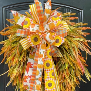 Lazo de otoño grande para corona de porche, lazo de otoño intercambiable para corona de césped con cuentas, lazo de girasol hecho a mano para decoración de temporada.