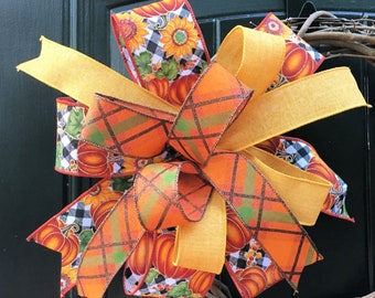 Pumpkins and Sunflowers Fall Bow, Pumpkin Buffalo Plaid Fall Wreath Bow, Fall Plaid Bow, Fall Lantern Bow, Lamppost Bow, Mailbox Bow