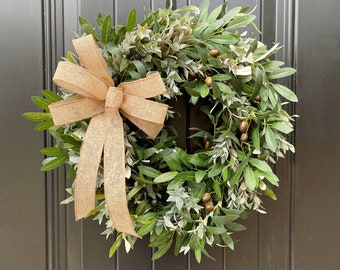 Olive Wreath for Front Door, Year Round Greenery Wreath, Olive Branch Wreath with Burlap Bow, Olive Leaf Wreath, Double Door Wreaths