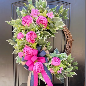 Hot Pink and Navy Floral Wreath, Pink Peony Spring Wreath, Peony Door Wreath, Pink Grapevine Wreath for Door, Mothers Day Wreath