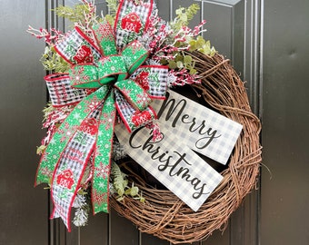 Farmhouse Christmas Wreath with Bow, Rustic Christmas Wreath for Front Door, Red Barn Christmas Wreath, Farmhouse Holiday Wreath