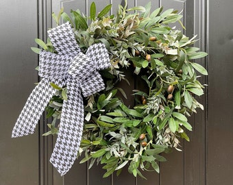 Olive Wreath for Front Door, Year Round Greenery Wreath, Olive Branch Wreath with Houndstooth Bow, Olive Leaf Wreath, Double Door Wreaths