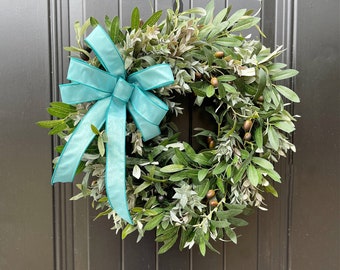 Olive Wreath for Front Door, Year Round Greenery Wreath, Olive Branch Wreath with Blue Bow, Olive Leaf Wreath, Double Door Wreaths