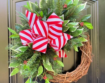 Christmas Wreath with Red Stripe Bow, Christmas Greenery Wreath with Bow, Small Christmas Door Wreath, Small Farmhouse Christmas Wreath