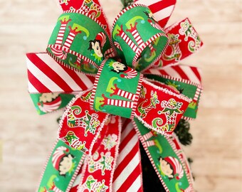 Christmas Elf Tree Topper, Elf Christmas Tree Bow, Elf Feet Ribbon Bow, Elf Leg Bow, Whimsical Christmas Tree Bow