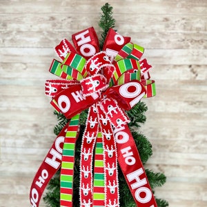 Whimsical Christmas Tree Bow, Red and Green Tree Topper, Red and Lime Green Christmas Bow, Holiday Tree Topper Bow, Xmas Tree Topper