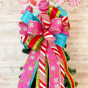 Pink Candy Christmas Tree Bow, Candyland Christmas Tree Bow, Pink Christmas Tree Topper Bow, Whimsy Tree Bow, Xmas Tree Topper