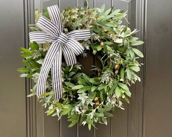 Olive Wreath for Front Door, Year Round Greenery Wreath, Olive Branch Wreath with Striped Bow, Olive Leaf Wreath, Double Door Wreaths