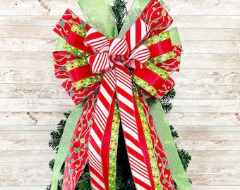 Red and Lime Green Christmas Tree Bow Topper, Holiday Tree Topper Bow, Christmas Garland Bow, Xmas Tree Topper, Large Christmas Bow