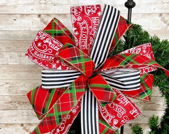 Red and Black Christmas Wreath Bow, Christmas Lantern Bow, Small Tree Topper Bow, Mantle Bow, Holiday Wreath Bow