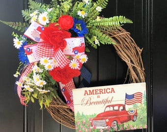 Summer Patriotic Wreath for Front Door, Patriotic Grapevine Wreath, Fourth of July Wreath, 4th of July Wreath, Memorial Day Wreath