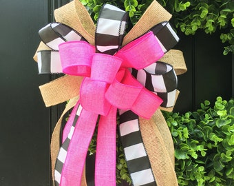 LARGE Summer Bow, Hot Pink Summer Wreath Bow, Black and White Wreath Bow, Pink and Black Wreath Bow, Summer Lantern Bow, Lantern Topper Bow