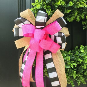 LARGE Summer Bow, Hot Pink Summer Wreath Bow, Black and White Wreath Bow, Pink and Black Wreath Bow, Summer Lantern Bow, Lantern Topper Bow