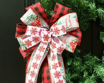 Red Barn Christmas Wreath Bow with Streamers, Christmas Lantern Bow, Small Tree Topper, Holiday Door Hanger Bow, Mantle Bow, Wired Bow