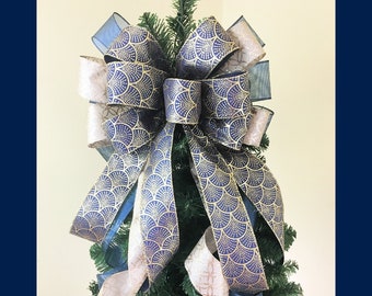 Navy and Gold Christmas Decor,  Navy and Gold Christmas Bow for Tree, Blue and Gold Christmas Bow, Navy and Gold Holiday Bow